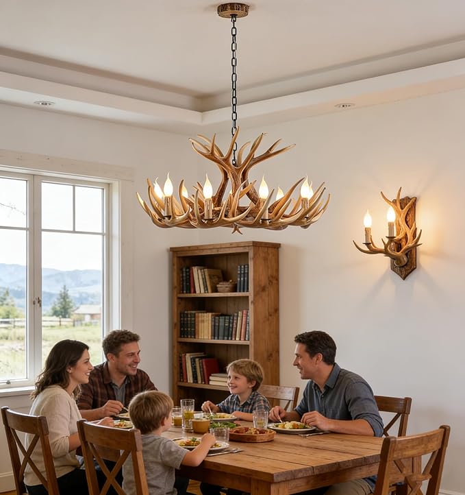 Antler Chandelier Lighting, Vintage Deer Antler Chandelier 9 Light, Farmhouse Antler Light Fixtures Ceiling E12 Base for Home Store Coffee Bar (9 lamp arms + 3arms)