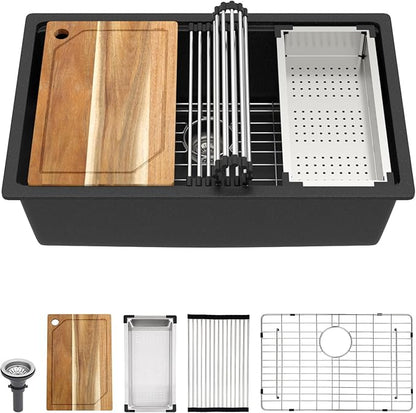 Granite Composite Kitchen Sink - 30 Inch Granite Kitchen Sink Undermount Workstation Matte Black Quartz Under Counter Single Bowl Sinks Basin All-In One, 30"x19" #TLGU-136