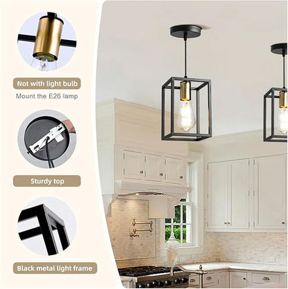 3 Pack Farmhouse Black and Gold Pendant Lights, Hanging Lamps for Living Room Entryway Foyer Indoor, Cage Lantern Kitchen Island Dining Room Light Fixture, Modern Matte Black Industrial Iron Light