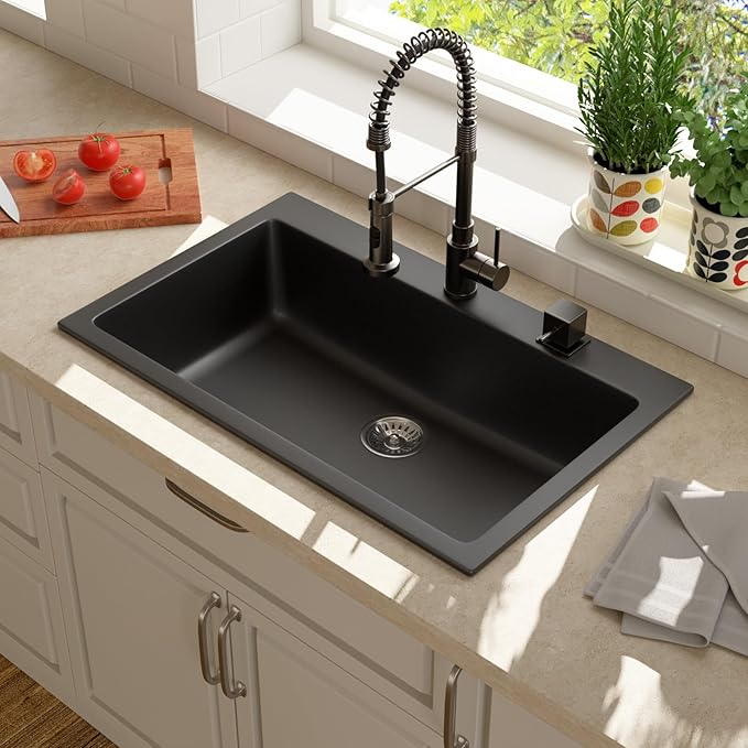 Lordear Black Drop In Kitchen Sink 31 Inch Quartz Granite Composite Black Deep Single Bowl Topmount Kitchen Sinks 31x20 Inch