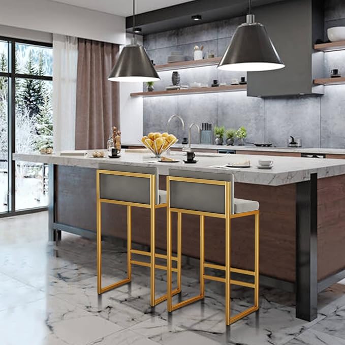 Velvet Stools with Low Back Mid-Century Upholstered Armless Chairs for Kitchen Island Home Pub Grey + Gold Sitting Height 65cm (Grey + Gold 25.6in)