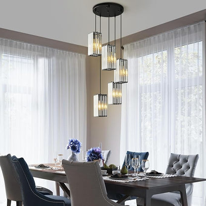 Modern Pendant Light Black Rectangle Pendant Lighting Mini Crystal Chandeliers Adjustable Pendant Light Fixture for Kitchen Island Dinning Room Living Room Corridor Bedroom(Black 5-Light)