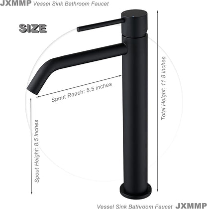 Black Vessel Sink Faucet with Drain Assembly and cUPC Supply Lines, JXMMP Stainless Steel Matte Black Faucets for Bathroom Sink, Tall Bathroom Faucet JXM1001BK