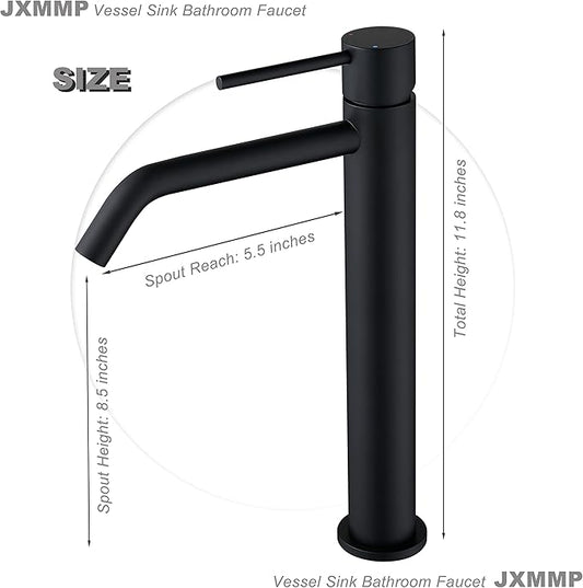 Black Vessel Sink Faucet with Drain Assembly and cUPC Supply Lines, JXMMP Stainless Steel Matte Black Faucets for Bathroom Sink, Tall Bathroom Faucet JXM1001BK