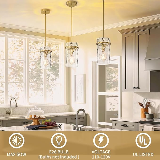 2 Pack 5.5" Brass Hammered Glass Pendant Light, Brushed Gold Island Pendant Lights Adjustable Mdern Pendant Light Fixtures Dining Room Farmhouse Chandelier Pendant Kitchen Lighting