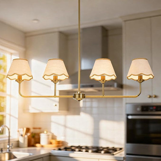 Boho Industrial 4-Light Linear Kitchen Island Light, 39" Gold Rattan Chandelier with Woven Rattan Shades, 180° Rotatable & Height Adjustable Dining Room Lighting for Living Room Bar, E12 Base