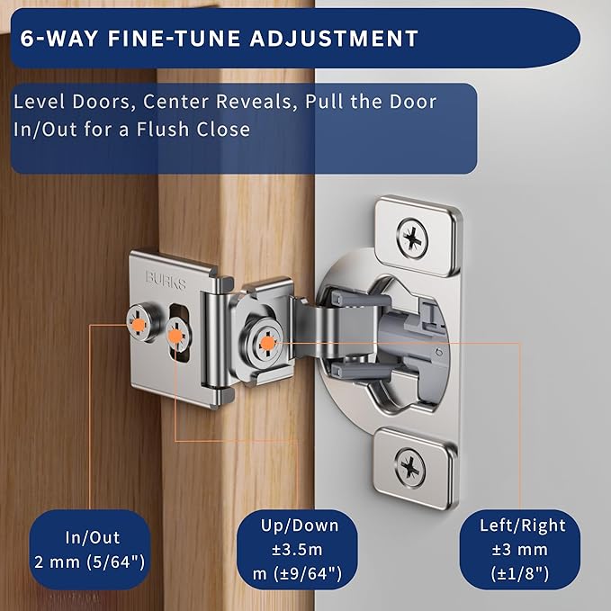 Burks Hinges 4 Pack 1 1/4'' Overlay Soft Close Hinges for Kitchen Cabinets - Stainless Steel, Anti-Rust, Self Closing Concealed Hinges, Installation Instruction and Screws Included
