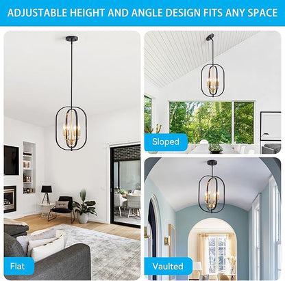 XINGQI Modern Black Gold Chandelier Farmhouse 4-Light for Dining Room, Geometric Adjustable Rustic Pendant Lighting Fixture for Entryway Living Room Kitchen Foyer