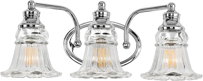 3-Light Bathroom Light Fixtures Over Mirror, Vintage Vanity Lights with Clear Floral Glass Shades, Chrome