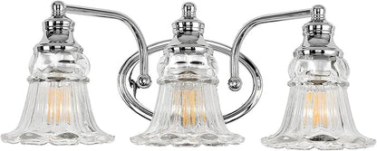 3-Light Bathroom Light Fixtures Over Mirror, Vintage Vanity Lights with Clear Floral Glass Shades, Chrome