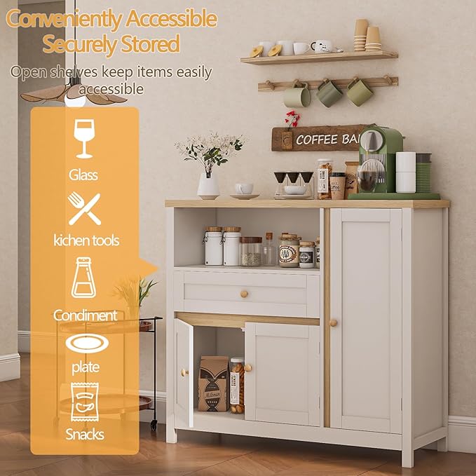 Viaozutis Storage Cabinet with Doors and Drawers,Kitchen Storage Cabinets，with Drawer and Adjustable Shelf（White）