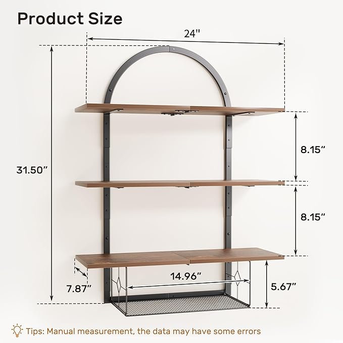 XLHOMO Floating Shelf for Wall- 31.5"x 24" 3+1 Tier Floating Shelves with Basket for Bathroom, Living Room,Bedroom and Kitchen Rustic Brown