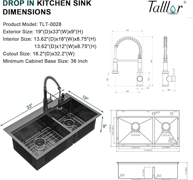 33"x19" Drop In Kitchen Sink - Double Bowl Workstation Black Kitchen Sink with Faucet 16 Gauge Stainless Steel Topmount Double Bowl 60/40 Split Over Mount Sinks Round Corner #TLT-0028