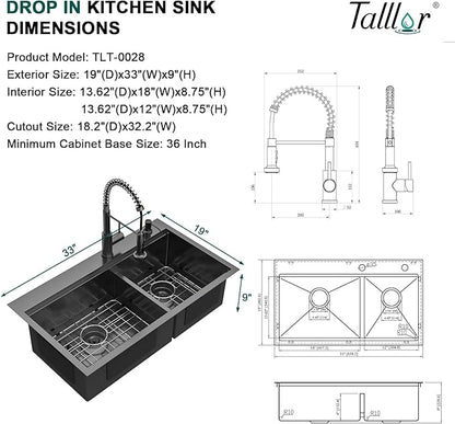 33"x19" Drop In Kitchen Sink - Double Bowl Workstation Black Kitchen Sink with Faucet 16 Gauge Stainless Steel Topmount Double Bowl 60/40 Split Over Mount Sinks Round Corner #TLT-0028