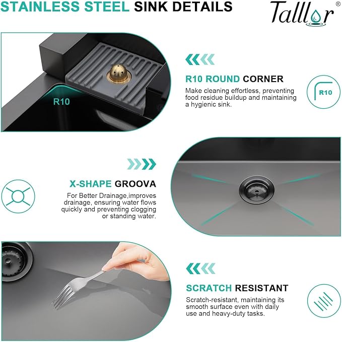 Smart Waterfall Kitchen Sink 30 Inch, Gunmetal Black Drop In 16 Gauge Stainless Steel Single Bowl Workstation Sink with Pull-Down Faucet, Cup Washer & Multi-Function Spray#TLWF-0004