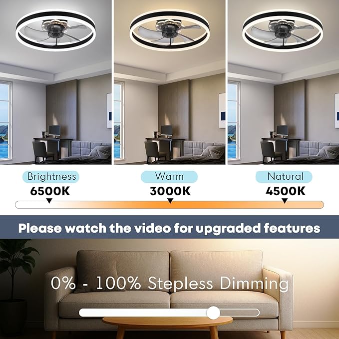 Fszdorj Ceiling Fan with Light, Upgraded 20‘’ Low Profile Fan, Flush Mount Ceiling Fan, 6 Speeds, Dimmable LED, App & Remote Control, Quiet DC Motor, for Bedroom, Living Room, F105 Black-D
