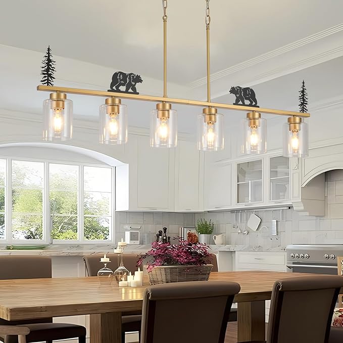 Gold Dining Room Light Fixture/Chandelier Over Table,6-Light Kitchen Island Lighting Hanging for Farmhouse Linear Chandeliers Ceiling Pendant Light Fixtures with Clear Glass Shade