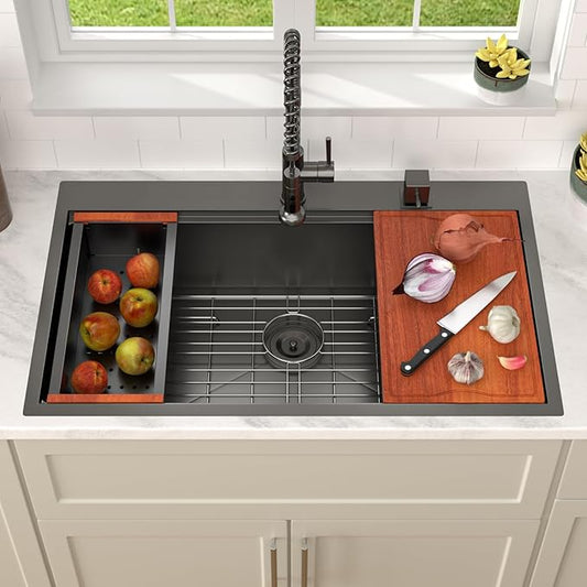 Dcolora 36 Inch Black Kitchen Sink Workstation Drop In Single Bowl Large Sink 16 Gauge Stainless Steel Nano PVD Coating Topmount With Round Corners, #DC-T8864