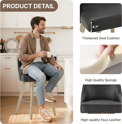 Counter Height Bar Stools Set of 4, Modern Swivel Barstools with Back and Wood Legs, Faux Leather Upholstered Bar Chairs, 26" Seat Height Counter Stools for Kitchen Island,Black