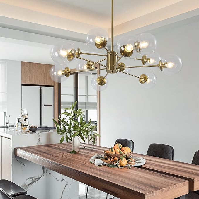KCO Lighting 12-Light Modern Sputnik Chandelier Clear Bubble Glass Chandelier Mid Century Large Gold Globe Pendant Light Farmhouse Dining Room Lights Kitchen Island Lighting Fixture