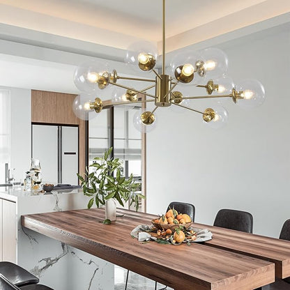 KCO Lighting 12-Light Modern Sputnik Chandelier Clear Bubble Glass Chandelier Mid Century Large Gold Globe Pendant Light Farmhouse Dining Room Lights Kitchen Island Lighting Fixture