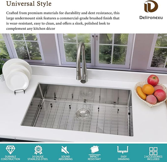 33x19 Undermount Kitchen Sink, Delironexu 33 Inch Undermount Kitchen Sink, 16 Gauge 304 Stainless Steel Single Bowl Kitchen Sink, Large 33x19 Kitchen Sink with Accessories