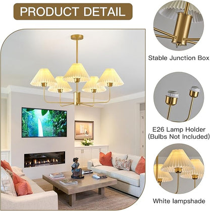 Gold Chandelier Light Fixture, 5-Lights Mid Century Chandelier with Shades for Dining Room Light Fixture, Adjustable Height White Pleated Farmhouse Pendant Light for Bedroom Ceiling Lamp