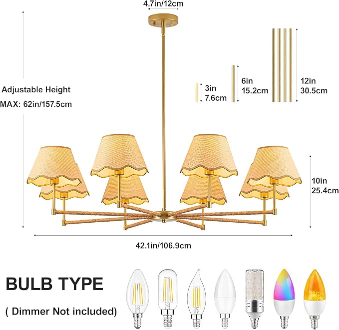 MAYNA 42” Large Rattan Chandelier, 8-Light Rustic Farmhouse Pendant Light with Wicker Lamp Shades, Modern Dining Room Chandelier, Adjustable Brass Chandelier for Kitchen Island, Dining Room