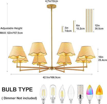 MAYNA 42” Large Rattan Chandelier, 8-Light Rustic Farmhouse Pendant Light with Wicker Lamp Shades, Modern Dining Room Chandelier, Adjustable Brass Chandelier for Kitchen Island, Dining Room