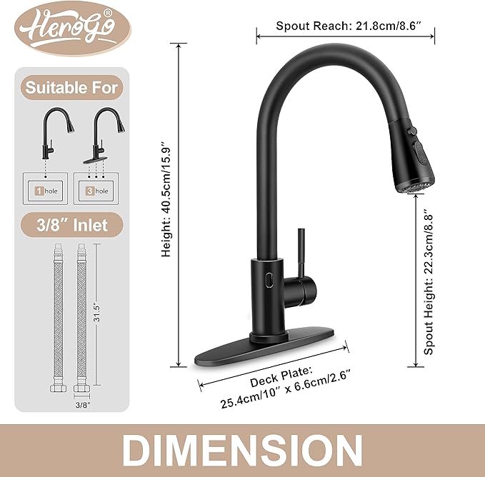 Touchless Kitchen Sink Faucet with Pull Down Sprayer, Herogo Matte Black Stainless Steel Motion Sensor Faucet with Soap Dispenser, Single Handle Smart Activated Kitchen Tap for Farmhouse RV Sink