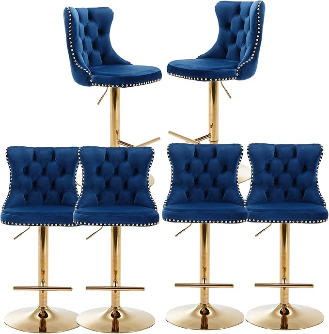 Rhomtree Velvet Swivel Bar Stools Upholstered Bar Stool with Button Tufted Back and Pull Ring Height Adjustable Barstools 25-33 Inch for Home Pub and Kitchen Island (Blue with Gold Base, Set of 6)