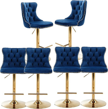Rhomtree Velvet Swivel Bar Stools Upholstered Bar Stool with Button Tufted Back and Pull Ring Height Adjustable Barstools 25-33 Inch for Home Pub and Kitchen Island (Blue with Gold Base, Set of 6)