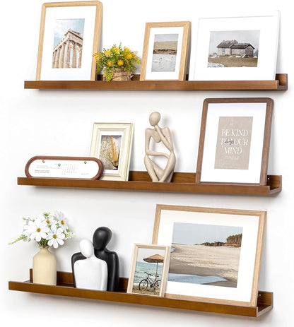Picture Ledge Wall Shelves 36 inches Width Set of 3, Solid Pine Wood Rustic Floating Ledge Shelves for Wall for Kids' Room Bedroom Kitchen Bathroom Living Room Nursery Display Wall Decor, Walnut