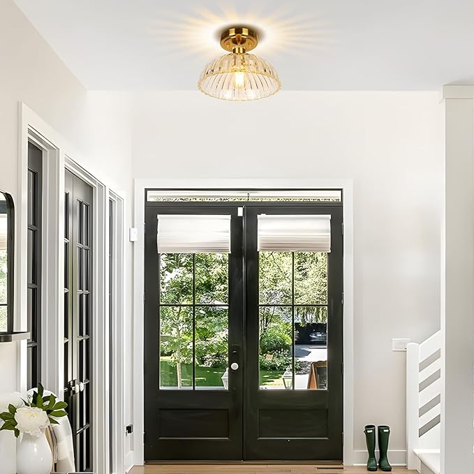 JYZ Semi Flush Mount Ceiling Light, Gold Ceiling Light Fixture with Brass & Ribbed Glass Shade, Vintage Light fixtures for Hallway, Entryway, Bathroom, Kitchen, Bedroom
