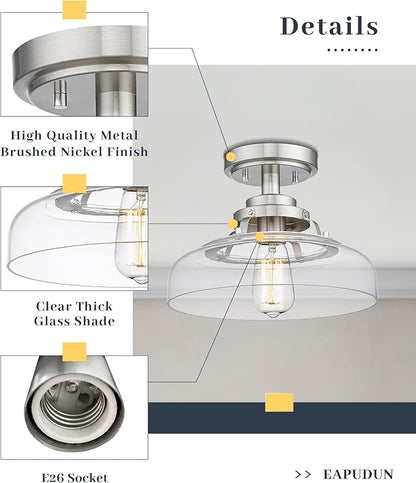 EAPUDUN Semi Flush Mount Ceiling Light, Farmhouse Close to Ceilight Lighting Fixture, Brushed Nickel Finish, Clear Glass Pendant Lamp Shade, SMA1307-BNK
