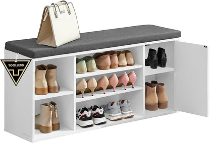 SONGMICS HOME Storage Bench, Superfast Toolless Assembly, 41" Wide Entryway Shoe Cubby Bench with Cushion & Adjustable Shelves, Window Shoe Rack Cabinet, Snow White and Slate Gray ULHS391WE02S