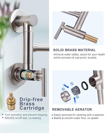 Pot Filler Faucet Brushed Nickel: WOWOW Single Hole Wall Mount Stove Faucet, Brass Pot Filler Two Attachment with Double Joint Swing Arms