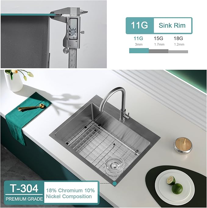 24 inch Drop-in Kitchen Sink Single Bowl, Topmount Kitchen Sink with Protective Bottom Grid, Overmount 304 Stainless Steel Kitchen Bar Sink Handmade with Basket Strainer, 24×18×9 inch