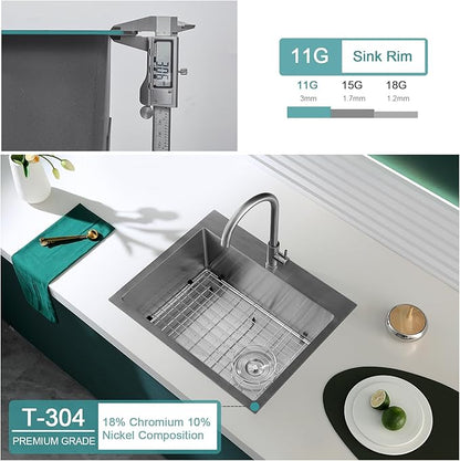26 inch Drop-in Kitchen Sink Single Bowl, Topmount Kitchen Sink with Protective Bottom Grid, Overmount 304 Stainless Steel Kitchen Bar Sink Handmade with Basket Strainer, 26×18×9 inch