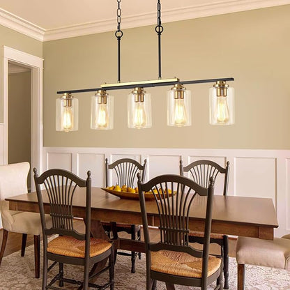 34" Dining Room Light Fixture/Chandelier Over Table, 5-Light Black and Gold Kitchen Island Lighting with Clear Glass Shade, Modern Hanging Pendant Lights Fixture for Kitchen Island Dining Room