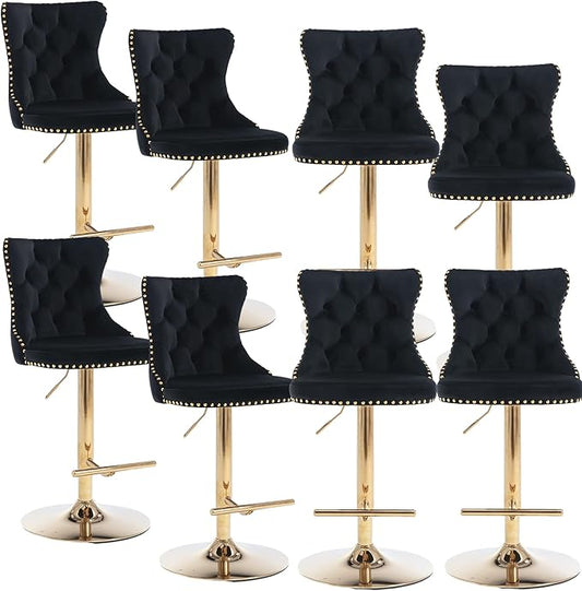 Rhomtree Velvet Swivel Bar Stools Upholstered Bar Stool with Button Tufted Back and Pull Ring Height Adjustable Barstools 25-33 Inch for Home Pub and Kitchen Island (Black with Gold Base, Set of 8)