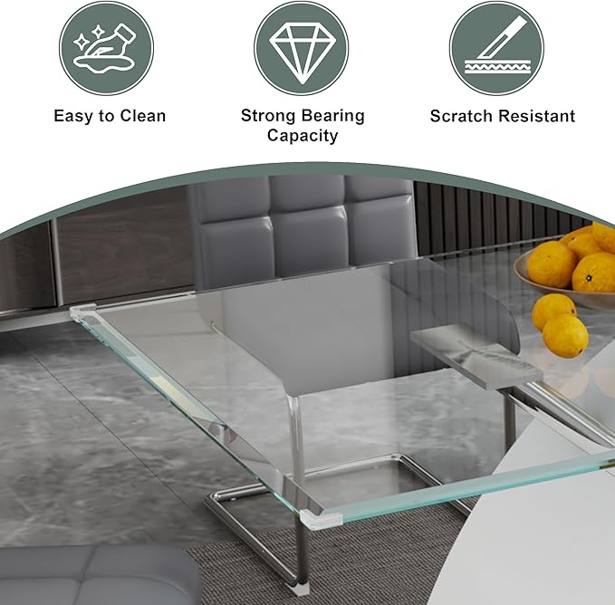 5-Piece Glass Dining Table Set, 63" White Kitchen Table with X-Shape MDF Base, Dining Room Set for 4 with 4 Leather Upholstered Chair for Kitchen, Dining Room (Gray,Silver)