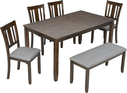 6-Piece Wooden Dining Table Set with 4 Upholstered Chairs and 1 Bench, Rectangular Kitchen Table Set for 7 People, Modern Dining Room Table for Kitchen and Dining, Walnut