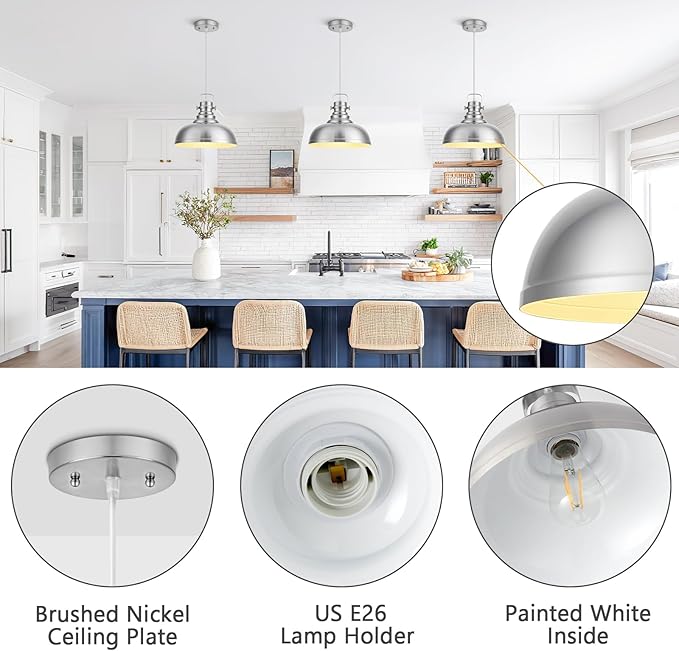 Refice Brushed Nikcel Farmhouse Pendant Lights Industrial Pendant Lighting for Kitchen Island Adjustable Height Dome Hanging Lights for Barn, Dining Room 2 Packs