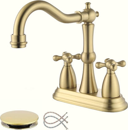 Antique Bathroom Faucet Brushed Gold, Senhozi Cross Handles Centerset Bathroom Faucet for Sink 3 Hole with Overflow Pop Up Drain Assembly and Supply Hose, SUS304 RV Bathroom Faucet 3 Hole, SE-0038-BG