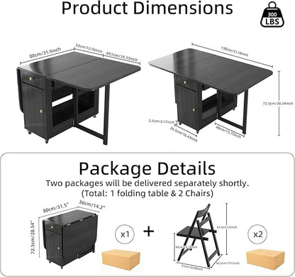 Folding Dining Table and Chairs - 51" Fully Assembled Drop Leaf Table 4-6 Seater with Storage and Lockable Wheels, Space-Saving Set with 2 Chairs for Kitchen or Dining Room (Black)