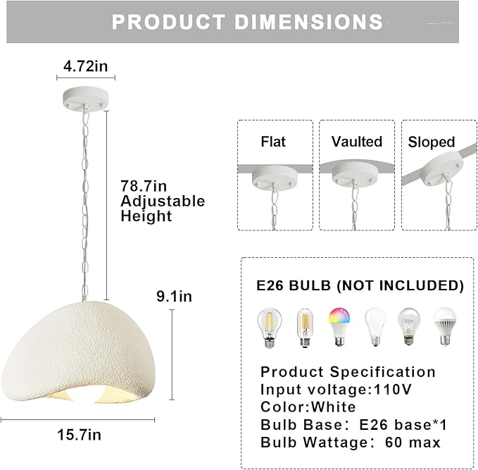 Wabi Sabi Pendant Lights,15.7in White Modern Pendant Light Resin Hanging Lamp Kitchen Island Lighting Modern Japandi Chandelier for Dining Room Bedroom Hallway Restaurant Foyer