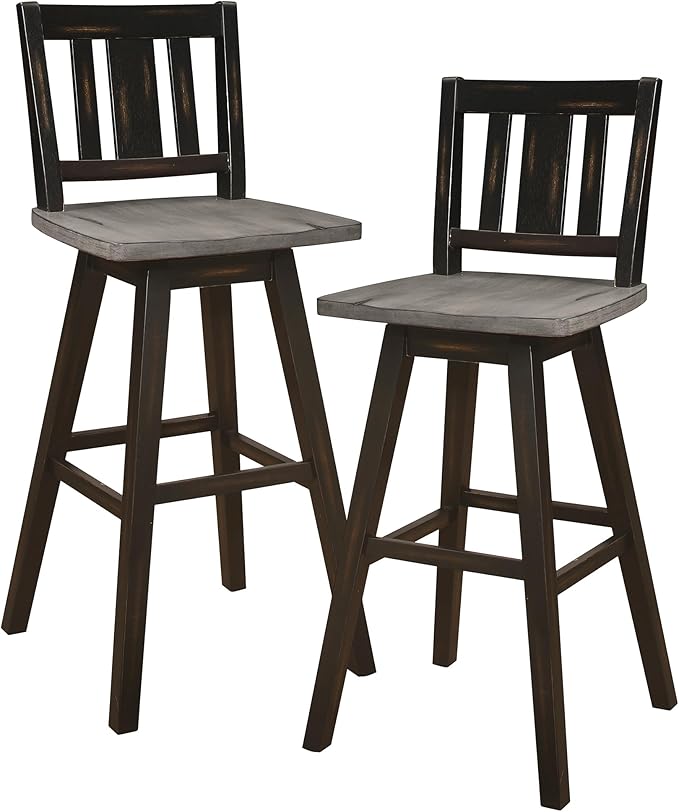 Lexicon Bar Height Bar Stools Set of 2-Solid Wood Frame 360° Swivel Wooden Stools, Foot Rest, Slat Back, Wide Seat, Distressed Farmhouse Easy to Clean Finish, 28.5" SH, Antique Black/Grey