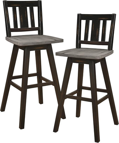 Lexicon Bar Height Bar Stools Set of 2-Solid Wood Frame 360° Swivel Wooden Stools, Foot Rest, Slat Back, Wide Seat, Distressed Farmhouse Easy to Clean Finish, 28.5" SH, Antique Black/Grey