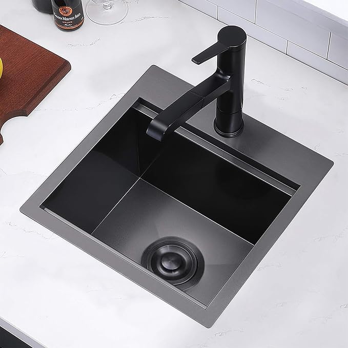 VAPSINT 15x15 Inch Black Drop In Bar Sink Workstation, Top Mount Single Bowl Small Kitchen Sink,Stainless Steel Handmade Gunmetal BlackBar Sink for Outdoor Prep RV Laundry with Grid & Cutting Board